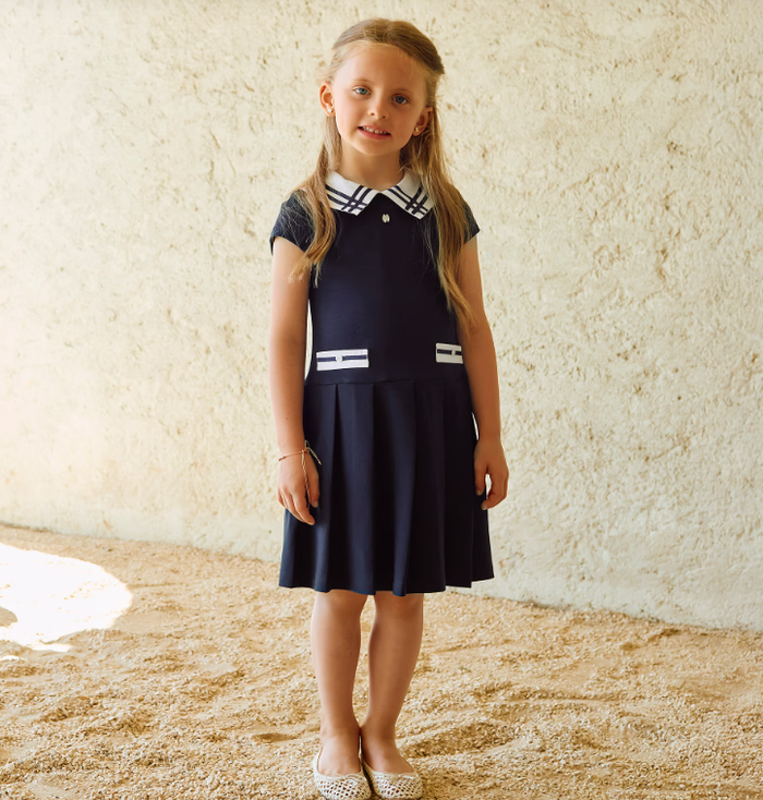 PATACHOU Girls Navy Blue Cotton Jersey Dress with White Trims