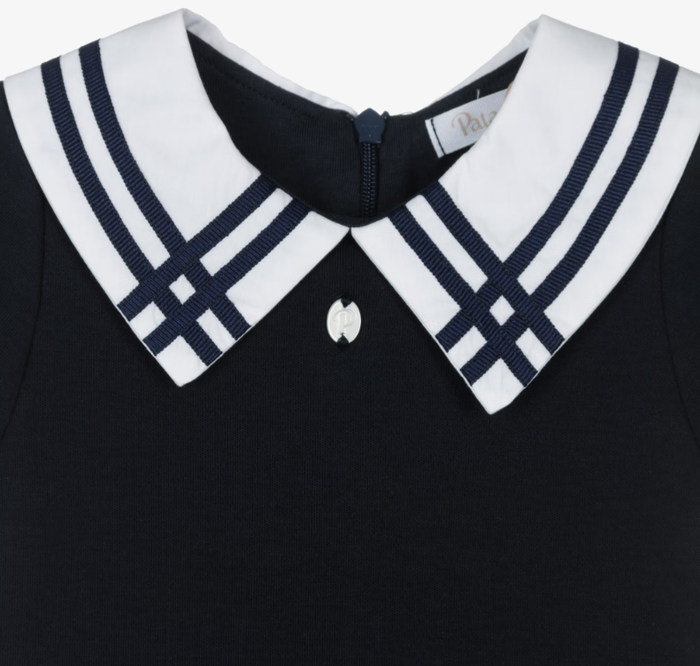 PATACHOU Girls Navy Blue Cotton Jersey Dress with White Trims