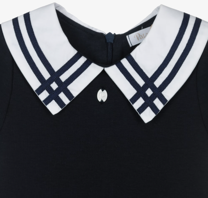 PATACHOU Girls Navy Blue Cotton Jersey Dress with White Trims