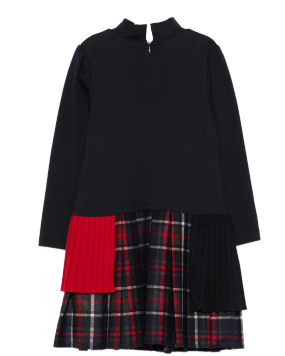 PATACHOU Girls Navy Blue Jersey & Tartan Dress