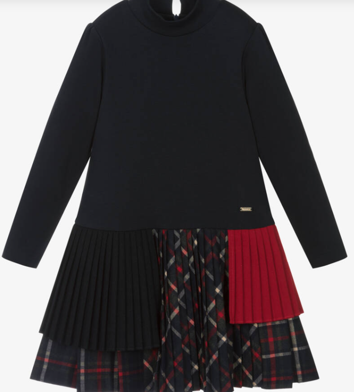PATACHOU Girls Navy Blue Jersey & Tartan Dress