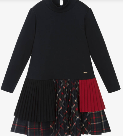 PATACHOU Girls Navy Blue Jersey & Tartan Dress