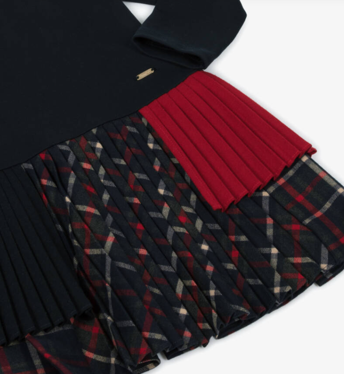 PATACHOU Girls Navy Blue Jersey & Tartan Dress