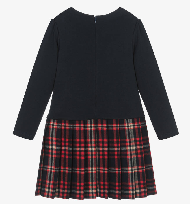 PATACHOU Girls Navy Blue Jersey & Tartan Flannel Dress