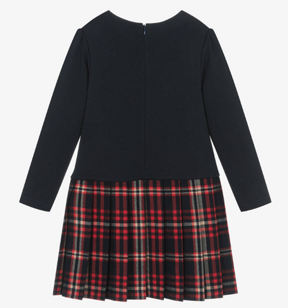 PATACHOU Girls Navy Blue Jersey & Tartan Flannel Dress