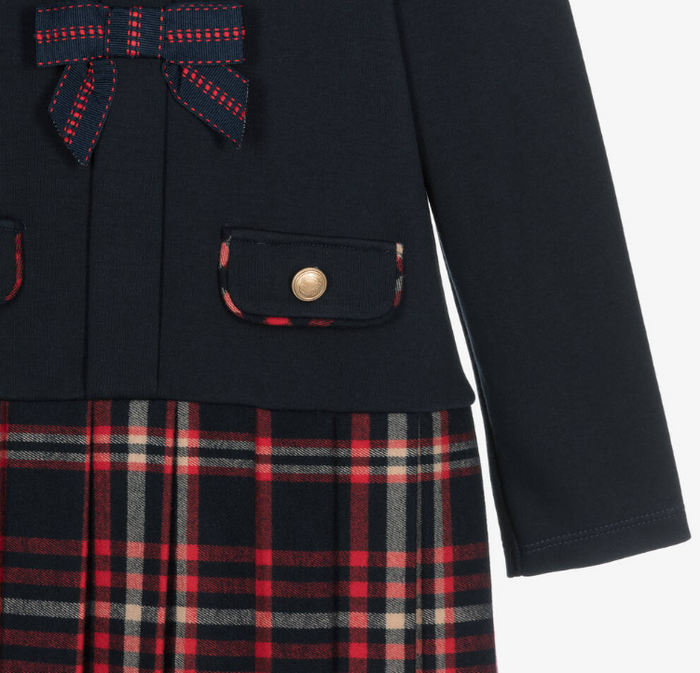 PATACHOU Girls Navy Blue Jersey & Tartan Flannel Dress