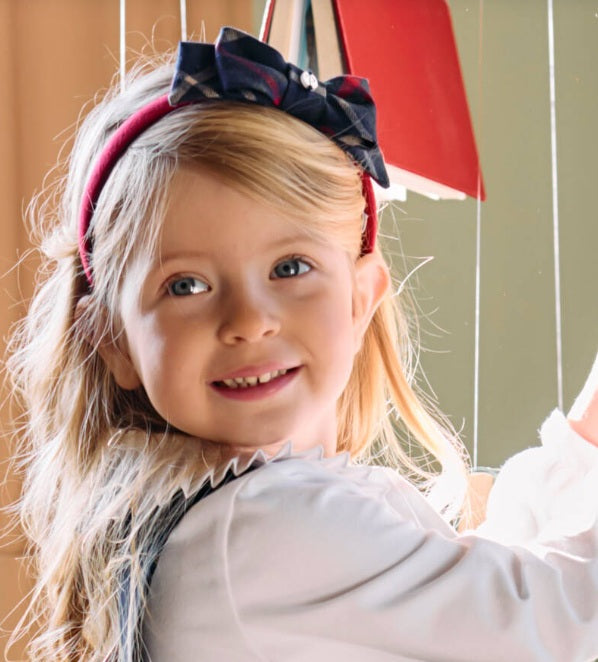 PATACHOU Girls Navy Blue & Red Tartan Bow Hairband