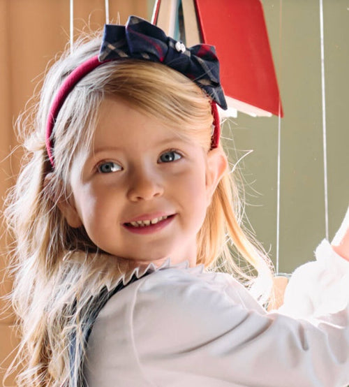 PATACHOU Girls Navy Blue & Red Tartan Bow Hairband