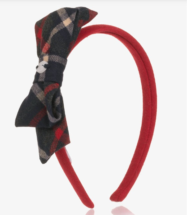 PATACHOU Girls Navy Blue & Red Tartan Bow Hairband