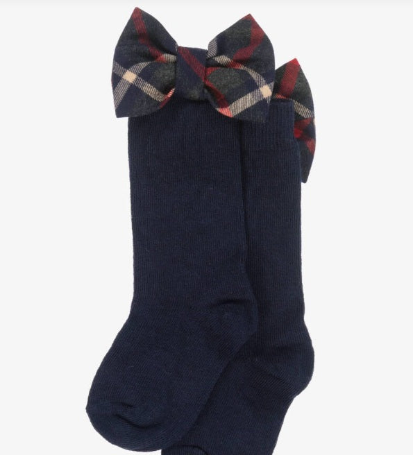 PATACHOU Girls Navy Blue Tartan Bow Cotton Socks