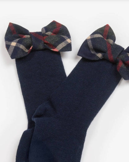 PATACHOU Girls Navy Blue Tartan Bow Cotton Socks