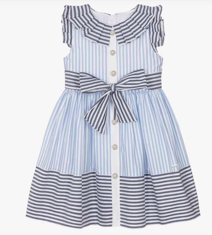 PATACHOU Girls White & Blue Contrasting Stripe Cotton Dress