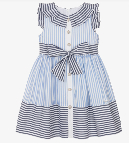 PATACHOU Girls White & Blue Contrasting Stripe Cotton Dress
