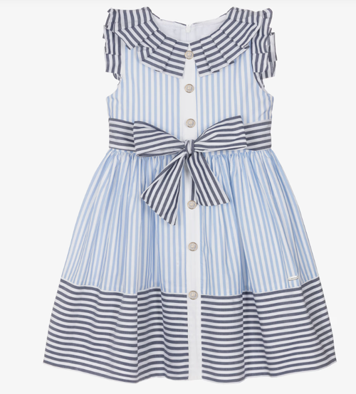 PATACHOU Girls White & Blue Contrasting Stripe Cotton Dress