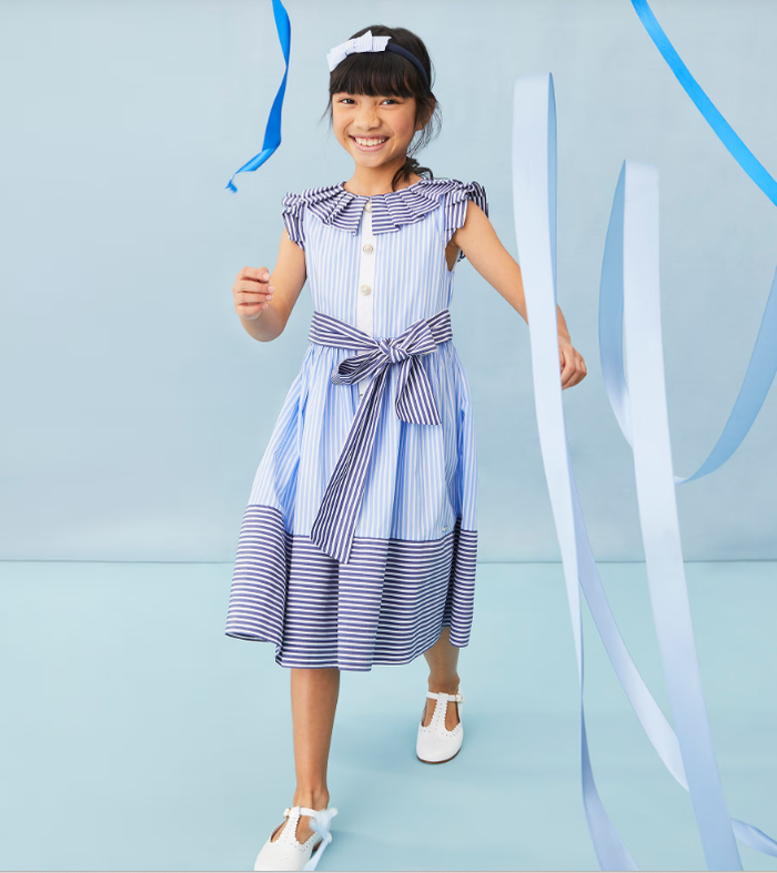 PATACHOU Girls White & Blue Contrasting Stripe Cotton Dress