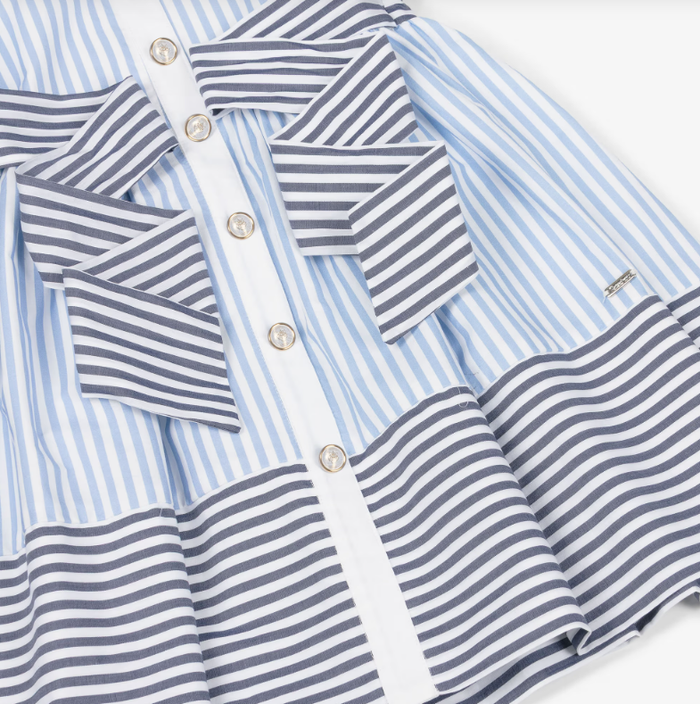 PATACHOU Girls White & Blue Contrasting Stripe Cotton Dress