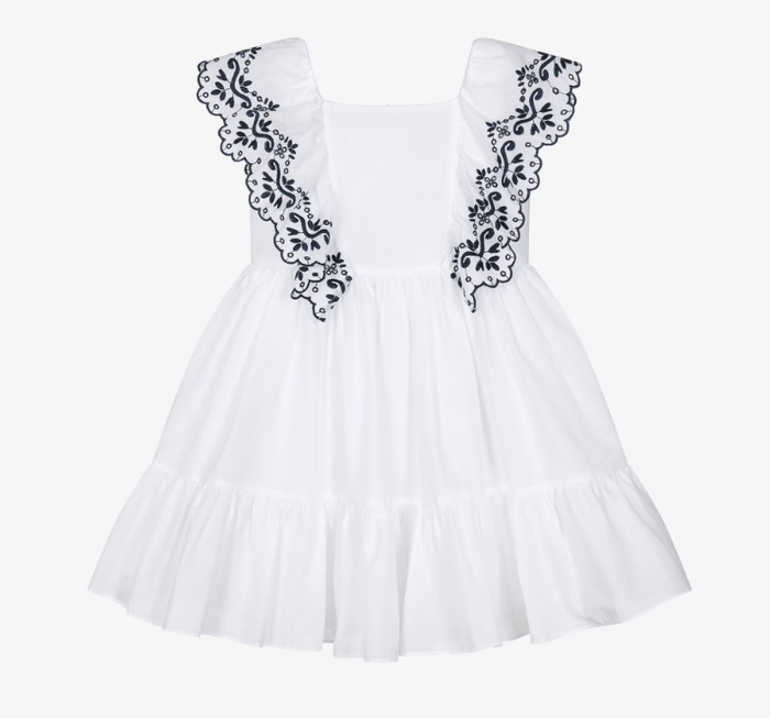 PATACHOU Girls White Cotton Dress with Navy Blue Embroidered Ruffles