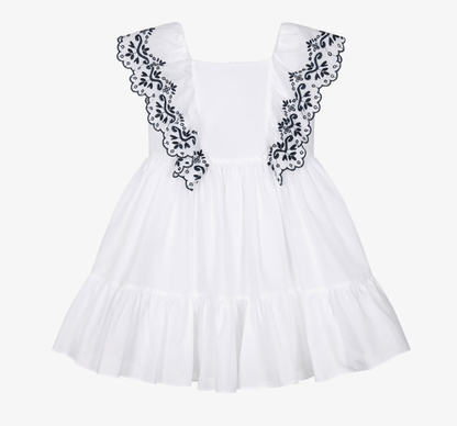 PATACHOU Girls White Cotton Dress with Navy Blue Embroidered Ruffles