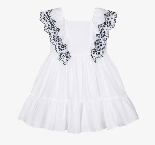 PATACHOU Girls White Cotton Dress with Navy Blue Embroidered Ruffles