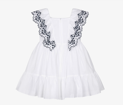 PATACHOU Girls White Cotton Dress with Navy Blue Embroidered Ruffles