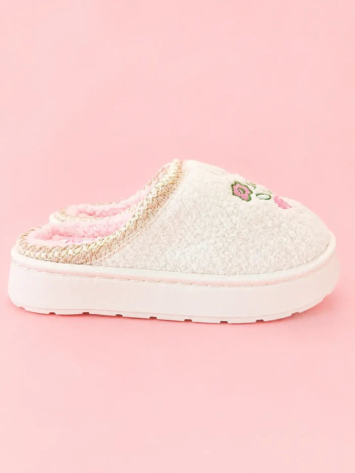 Patchwork Floral Platform Sole Embroidered Slippers - Side View - Rock Paper Scissors