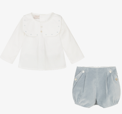 PAZ RODRIGUEZ Boys Ivory & Blue Shorts Set