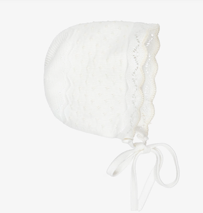 PAZ RODRIGUEZ Ivory Cotton Knit Baby Bonnet with Knot Stitch Detail