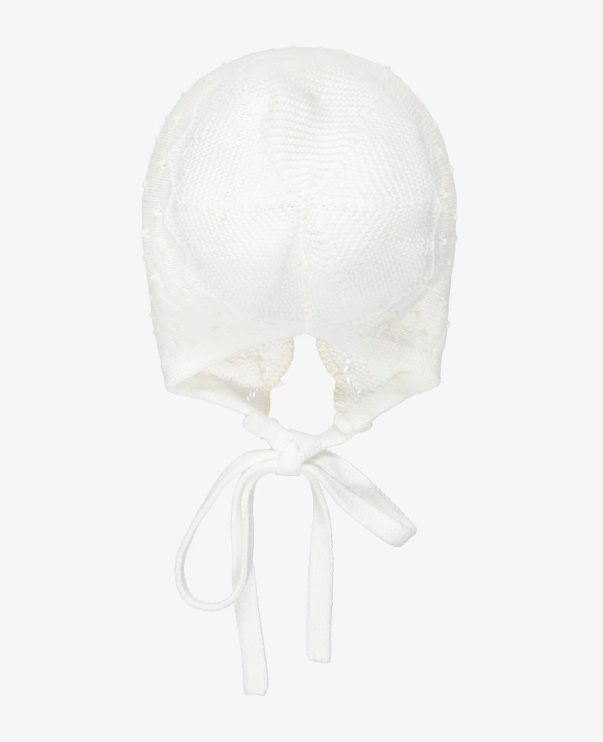 PAZ RODRIGUEZ Ivory Cotton Knit Baby Bonnet with Knot Stitch Detail