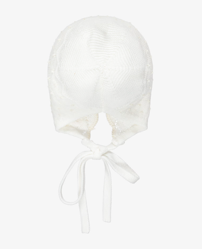 PAZ RODRIGUEZ Ivory Cotton Knit Baby Bonnet with Knot Stitch Detail
