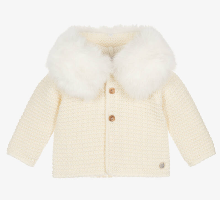 PAZ RODRIGUEZ Ivory Knitted Wool Mix Jacket with Faux Fur Trim