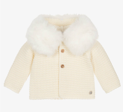 PAZ RODRIGUEZ Ivory Knitted Wool Mix Jacket with Faux Fur Trim