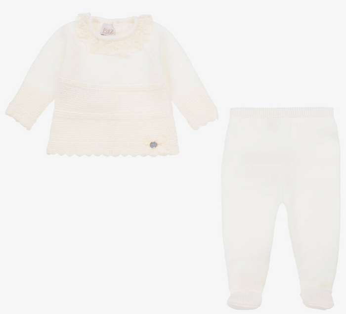 PAZ RODRIGUEZ Ivory Merino Wool Knitted 2 Piece Babygrow
