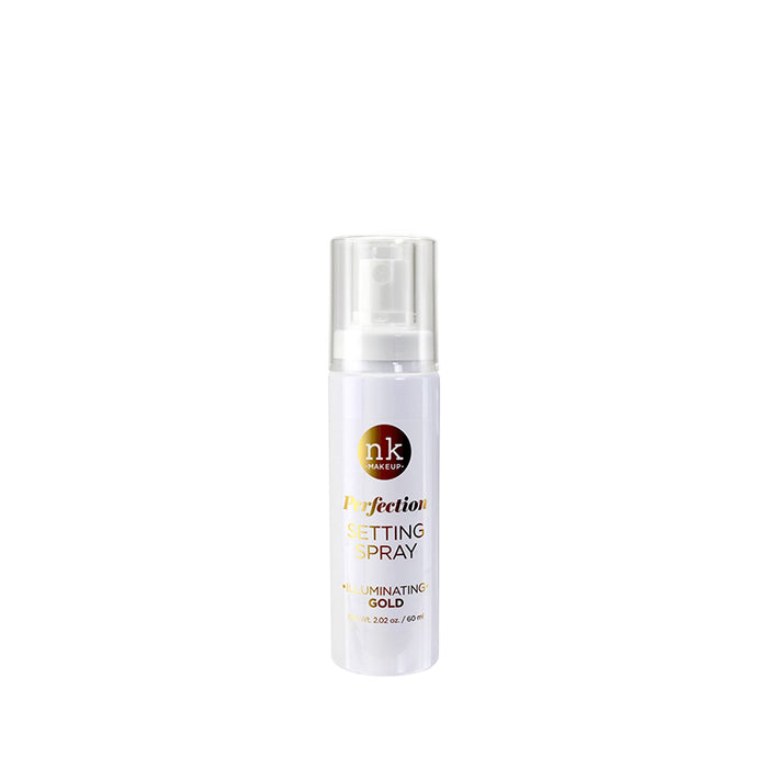 NICKA K Perfection Illuminating Gold long-lasting makeup setting spray in white travel size bottle