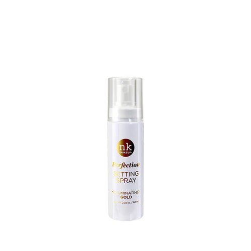 NICKA K Perfection Illuminating Gold long-lasting makeup setting spray in white travel size bottle