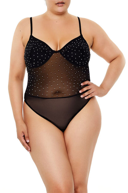 Plus Size Rhinestone Mesh Bodysuit