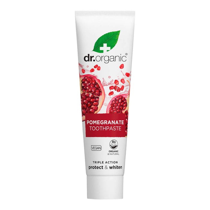 100ml tube Dr. Organic Pomegranate Toothpaste, vegan, cruelty free, and made with natural ingredients.