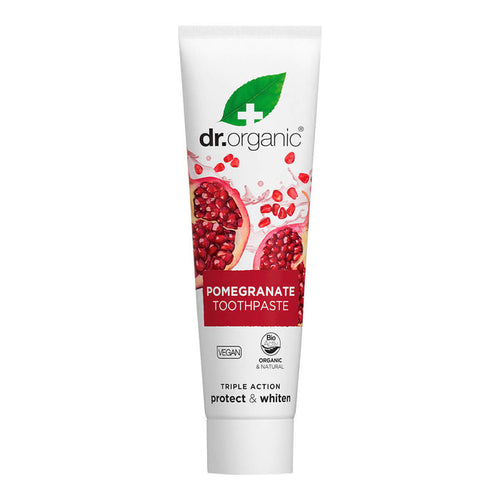 100ml tube Dr. Organic Pomegranate Toothpaste, vegan, cruelty free, and made with natural ingredients.