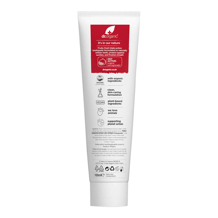 Back of 100ml tube Dr. Organic Pomegranate Toothpaste, showing ingredients.