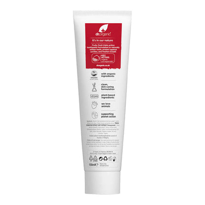 Back of 100ml tube Dr. Organic Pomegranate Toothpaste, showing ingredients.