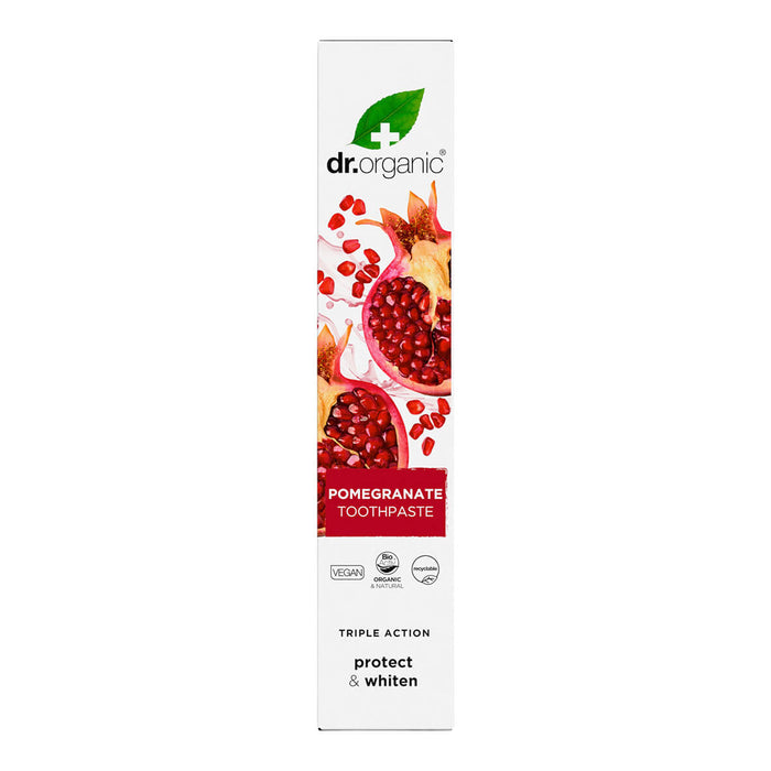 100ml box Dr. Organic Pomegranate Toothpaste, vegan, cruelty free, and made with natural ingredients.