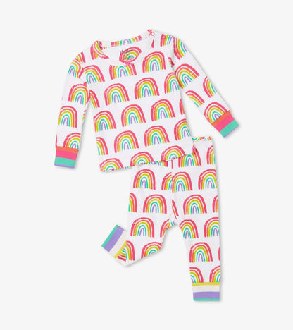 Hatley baby girl Pretty Rainbows organic cotton pajama set in White/Multi with long sleeves and matching pants.