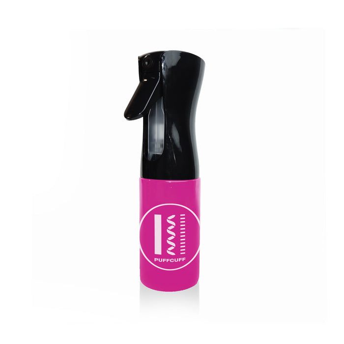 Black and pink spray bottle with 'Puffcuff' branding on a white background