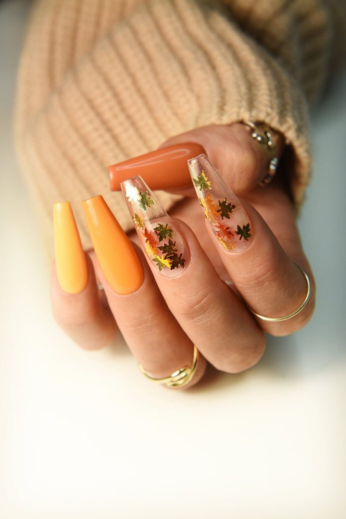 Warm Autumn Shades with Leaves - Pumpkin Long Coffin Press On Nails, fall nails to back to school, deep orange nails, ombre fake nails – Luxury Handmade Reusable Press On Nails