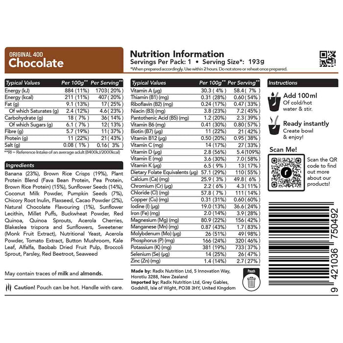 radix chocolate breakfast 400kcal ingredients