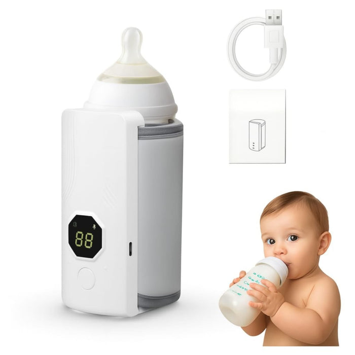 Baby bottle warmer with digital display and baby holding a bottle on a white background