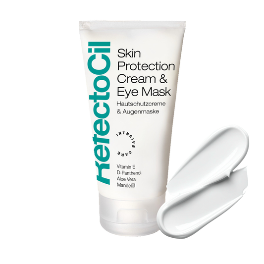 F003W Refectocil Skin Protection and Eye Mask | A white squeeze tube of RefectoCil Skin Protection Cream & Eye Mask with a separate white cream sample beside it, on a plain white background.