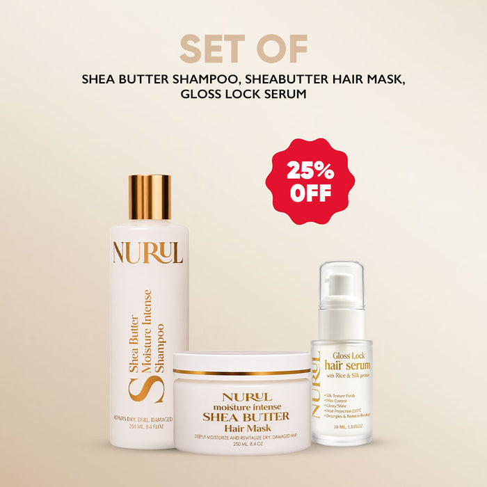 Salon Repair Treatment: Shea Butter Shampoo, Shea Butter Hair Mask & Gloss Lock Hair Serum