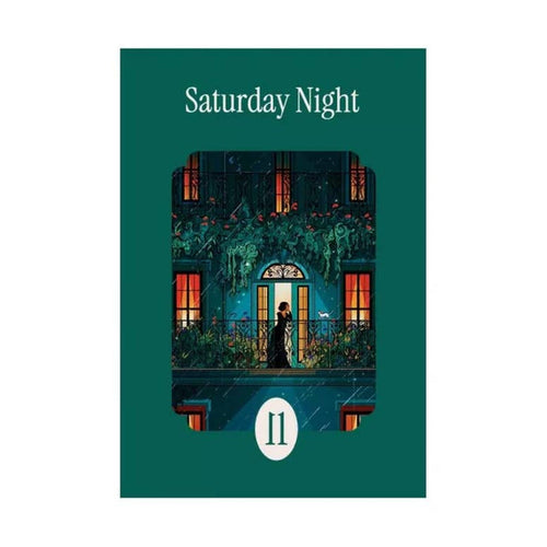 The la pauz Saturday Night | 99 Piece Jigsaw Puzzle features an illustrated card with two people on a balcony at night, surrounded by plants and the number 11—ideal for fans of unique, illustrated mini puzzles.