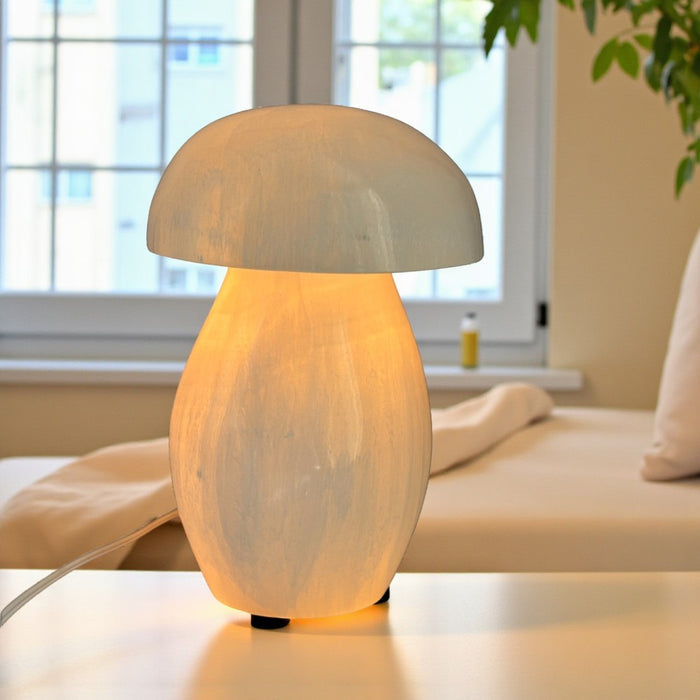 Mushroom-shaped table lamp on a surface with a blurred indoor background