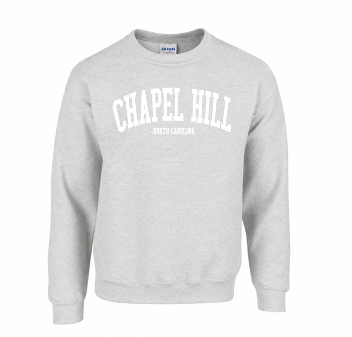 SHB Ash Grey with White Lettering Chapel Hill NC Crewneck Sweatshirt - Main View - Shrunken Head